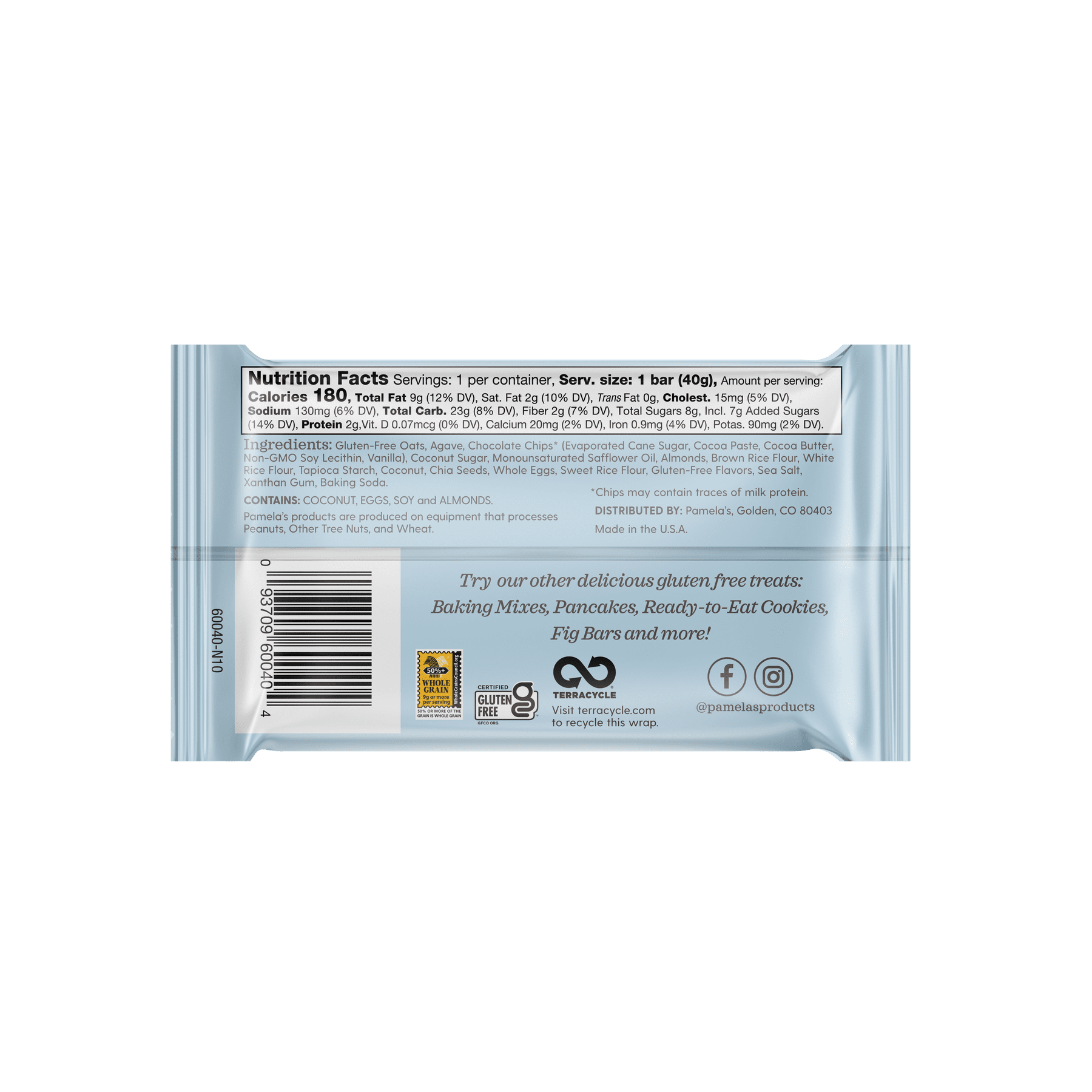 Pamela's Gluten-Free Chocolate Chip Coconut Whenever Bar, 7.05 oz Box (Pack of 6)
