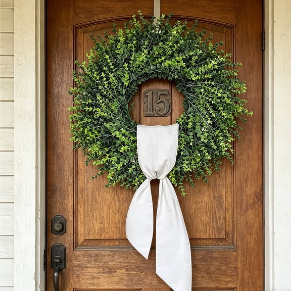 iFCOW 28In Large Boxwoods Wreaths, Artificial Green Leaves Greenery Wreath for Front Door Spring Summer Outside All Season Year Round Wall Window Rustic Farmhouse Home Decorations