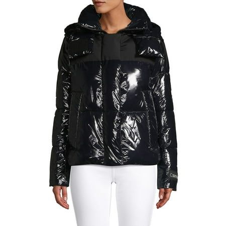 Shiny Faux Leather Puffer Coat