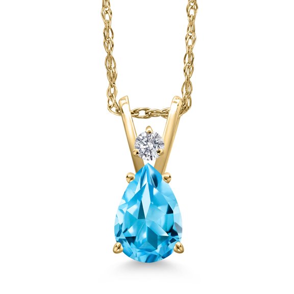 Gem Stone King 14K Yellow Gold Swiss Blue Topaz and Lab Grown Diamond Pendant Necklace for Women | 0.79 Cttw | Gemstone November Birthstone | Pear Shape 7X5MM | With 18 inch Chain