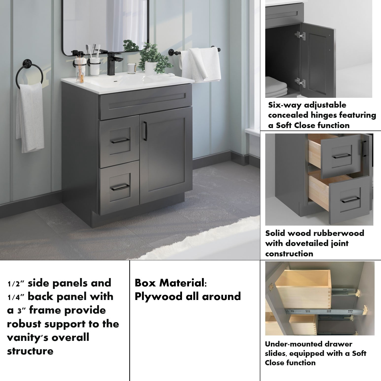 Grey Shaker 30" Shaker Bathroom Vanity Sink Base with Drawers (Ready-to-Assemble