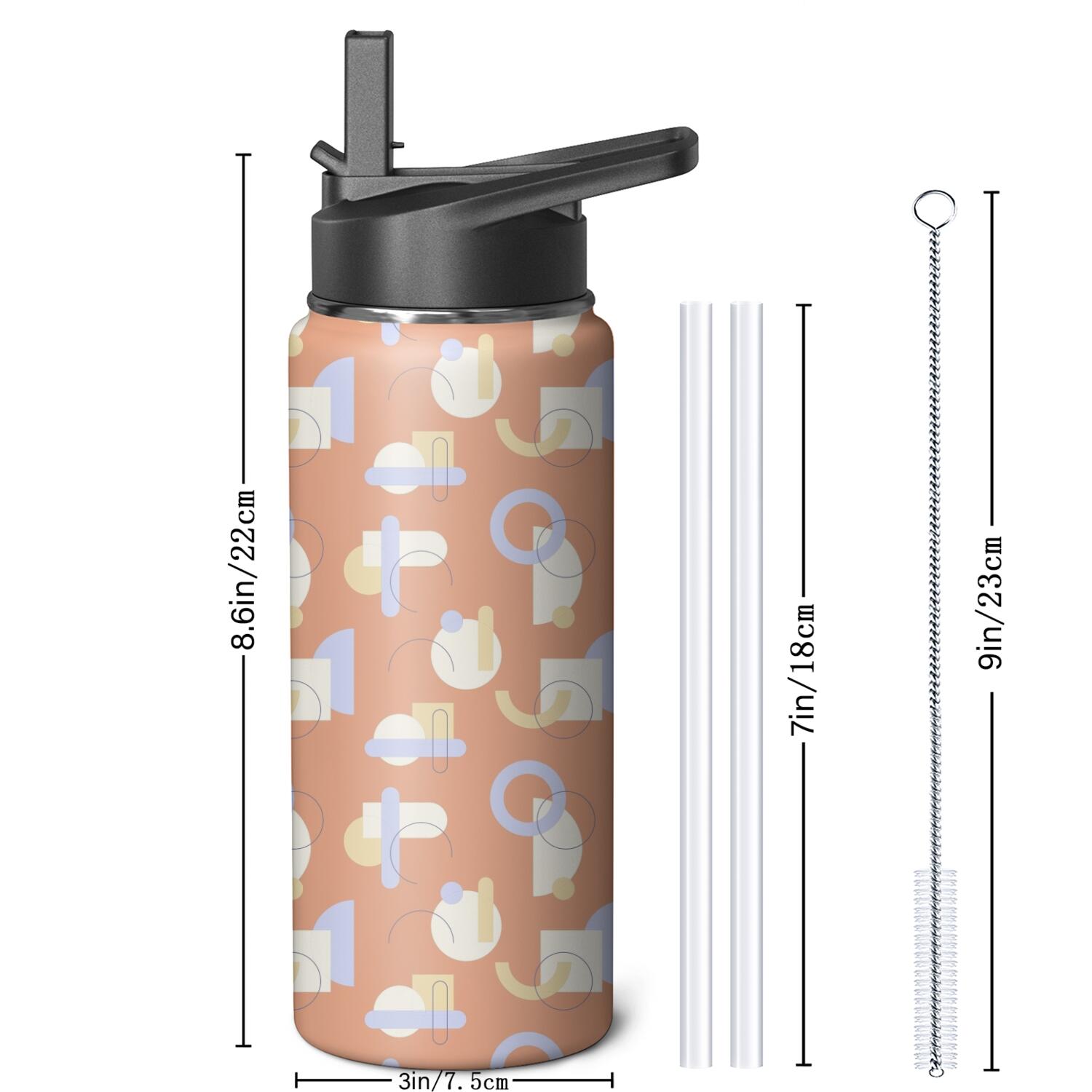 Modern 18 oz Insulated Stainless Steel Water Bottle with Straw & Cleaning Brush , Leakproof, BPA-Free, 304 Stainless Steel, Wide Mouth, Travel Mug for Car, Gym, Office