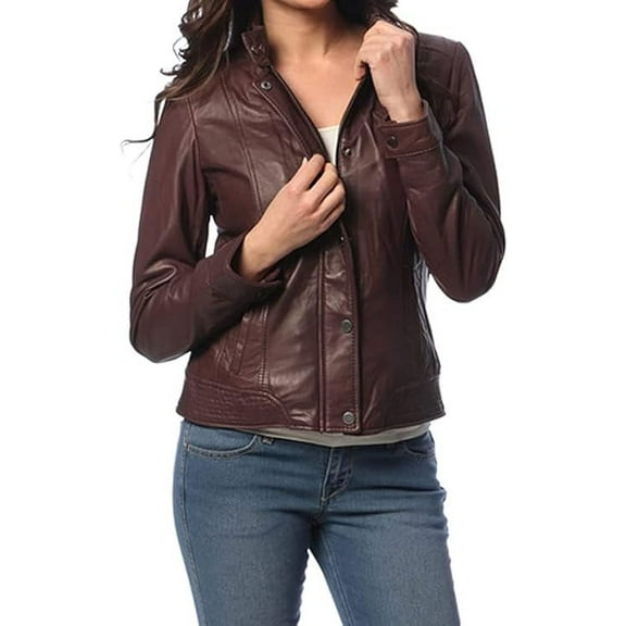 Women's Genuine Brown Lambskin Leather Jacket Motorcycle Slim fit Biker Jacket W711