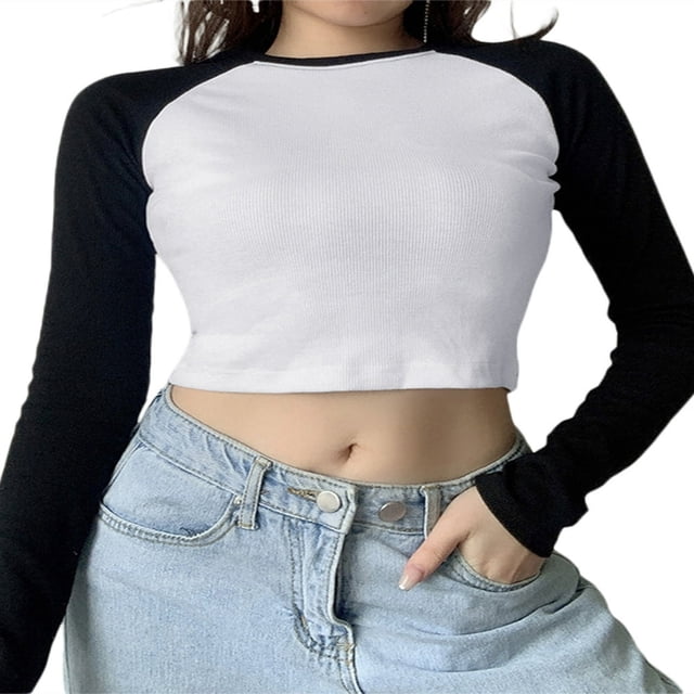Femmes Crop Top Manches Longues Slim Fit Casual Pull Tops