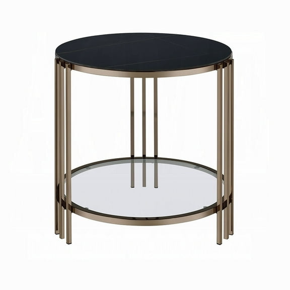 Abio Side End Table-23 Inch-Round Sintered Stone Top-Black and Gold