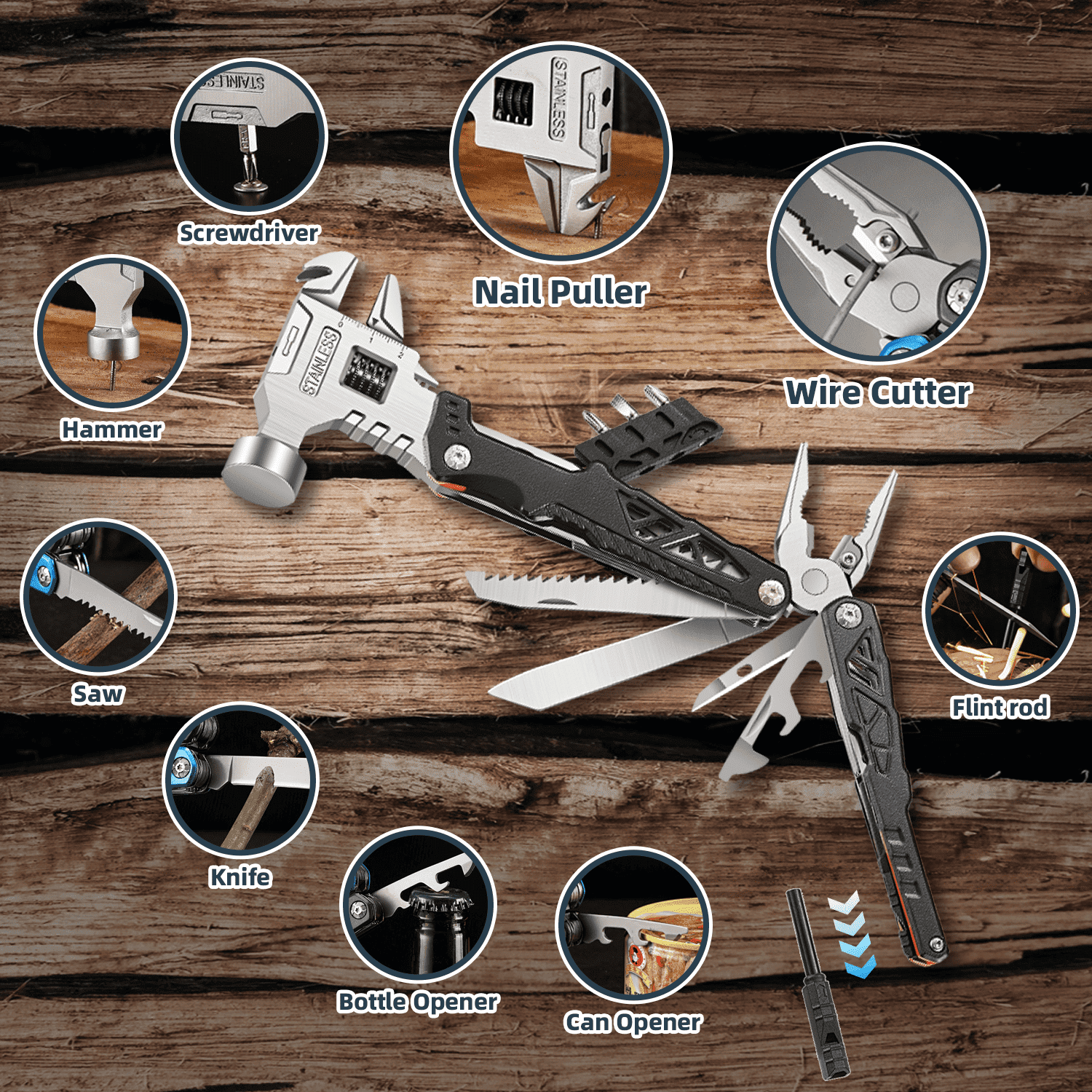 Upgraded Adjustable Wrench Multitool Hammer with Steel Replaceable Wire Cutters for Men,18 in 1 Pocket Multi Tool Knife with Spring-Action Pliers for Camping,Survival
