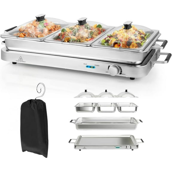 Food Warmer, 2-in-1 Buffet Warmer w/ 3 Food Pans & Lids, Adjustable Temperature & Dishwasher Safe, 8 Qt Stainless Steel Electric Warming Tray for Parties Banquets Catering Events, 450W
