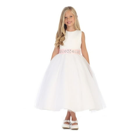 Angels Garment Little Girls White Royal Blue Stone Sash Flower Girl Dress 3-6