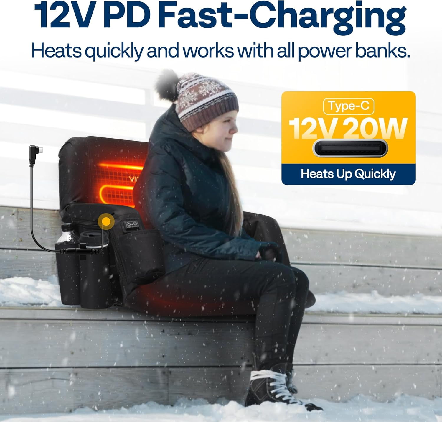 SPECSTAR Heated Stadium Seats with Back Support and Cushion, 2 Pack Bleacher Chairs with 12V 20W PD Fast Charging Type C Port, 3 Levels of Heat, NTC Overheat Protection System(Power Bank not Include