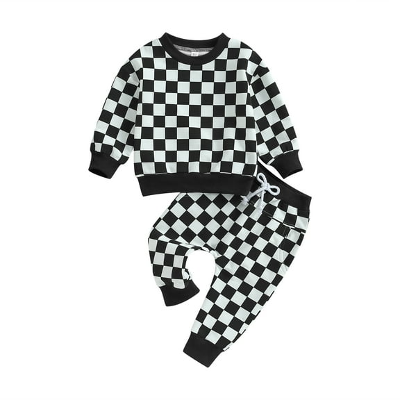 Girls Boys 2-piece Outfit, 12 24M 3 4 5Y Plaid Long Sleeve Crew Neck Hoodie and Sweatpants Set Clothes Set