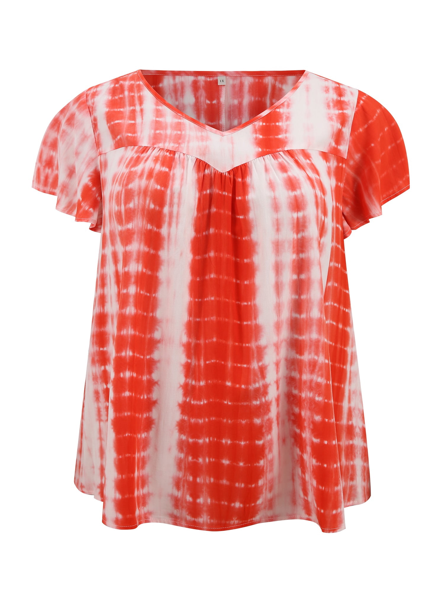 DARING DIVA Women's Plus Tie Dye V Neck Ruffle Sleeve Blouse 1X Orange