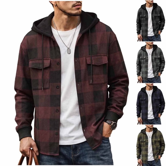 Men Plaid Hooded Shirt Jacket Sevevn Long Sleeve Button Up Flannel Outerwear With Chest Pockets Drawstring Hood For Daily Casual Outdoor Occasions