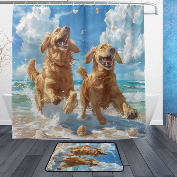 BZSMCE Shower Curtain and Bath Accessory Set,Joyful Goldens Making Waves Pattern