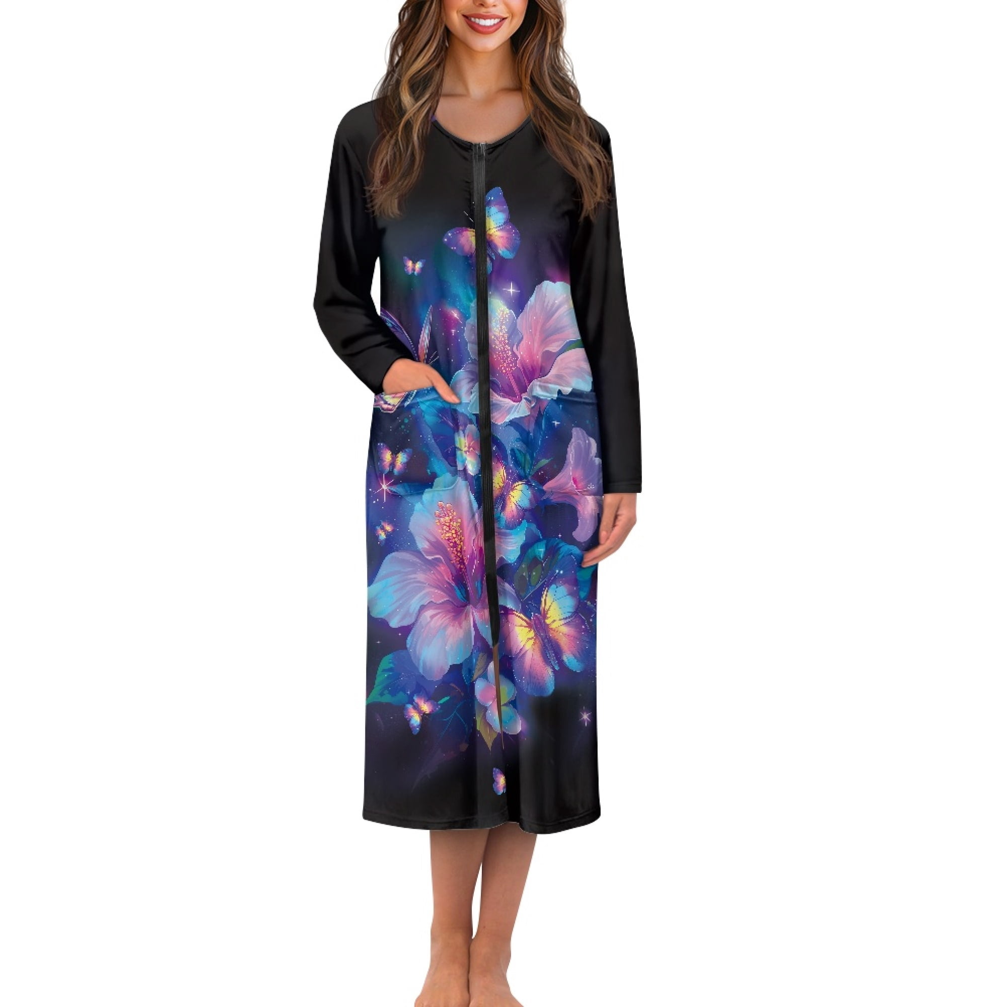FKELYI Women Zip Up Robe Nightgowns House Coats Full Length Breathable Sleepwear Gradient Pink Hibiscus Floral Butterfly Print House Dress Long Sleeve Bathrobe with 2 Pockets M