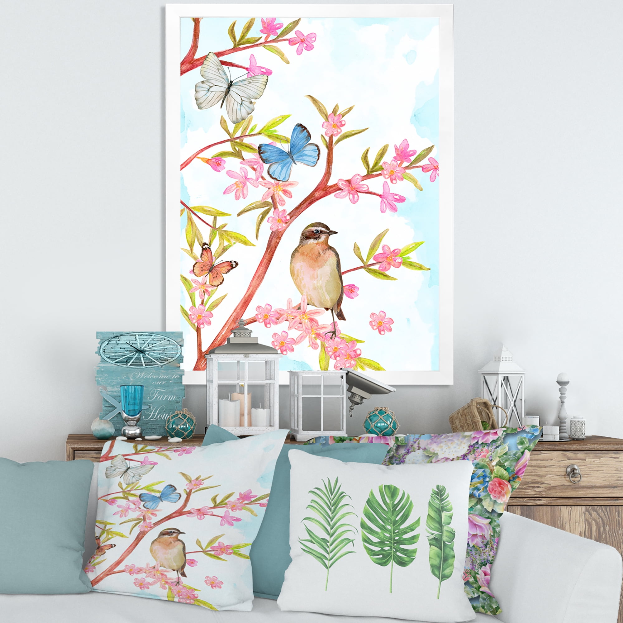 Clever Bird Sitting On Branch of A Spring Tree With Butterflies 30 in x 40 in Framed Painting Canvas Art Print, by Designart
