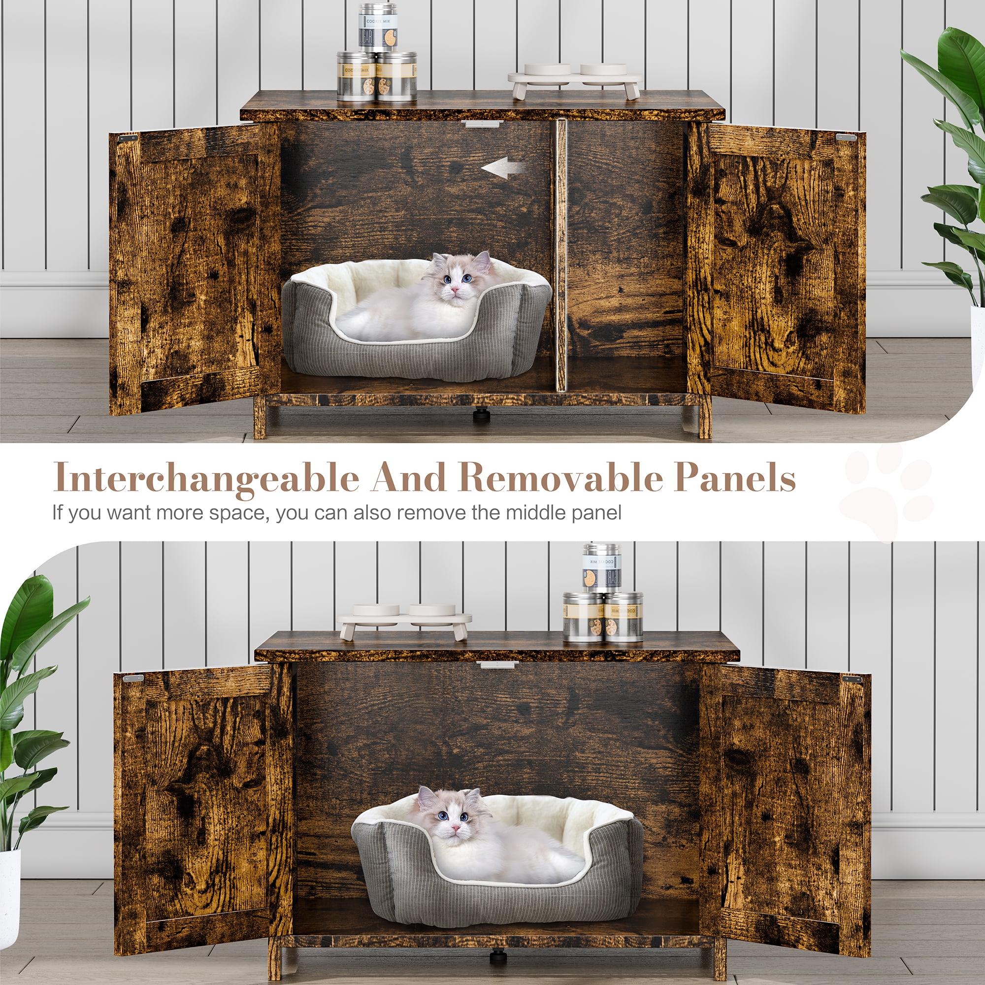 Walsunny Hidden Cat Litter Box Cat Washroom with Double Removable doors and Divider Indoor for Living Room Brown