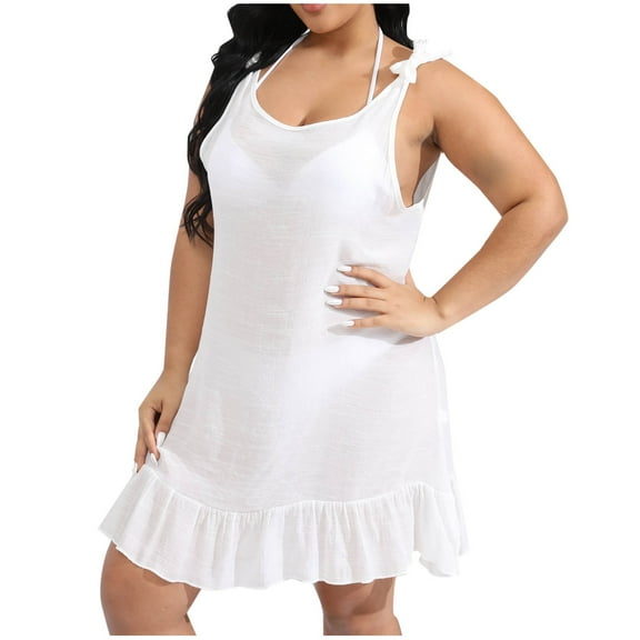 Dealovy Plus Size Dress for Women Casual Sleeveless Tank Dress Crewneck Ruffle Solid Color Sundress Summer Cover U.S