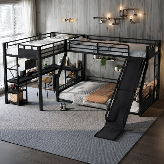 Twin XL Over Queen Bunk Bed Frame with Twin XL Size Loft Bed and Desk, Metal Bunk Bed with Storage Shelves, Triple Bunk Beds Frame with Slide for Apartment, Dorm, Mattress Not Included, Black