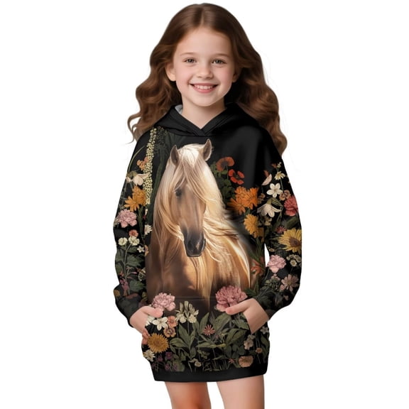 Psesaysky Girls' Hoodies Sweatshirts 3D Horse Flower Print Long Sleeve Casual Lightweight Pullover Tops Hoodie Dress with Pockets for 13-14 Years
