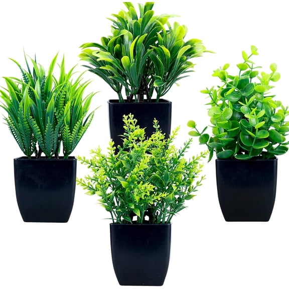 TETOU 4Pcs Fake Plants in Black Pot, Mini Artificial Eucalyptus Potted Plant Small Faux Grass Greenery Potted Plants for Indoor Home Office Farmhouse Bathroom Table Decorations