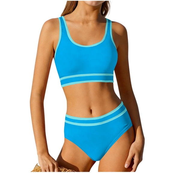 Hellosay Teen Girl Swimsuits with Padding 2 Piece Sleeveless Bikini Solid Dress Style Swimwear Summer Bathing suit Blue