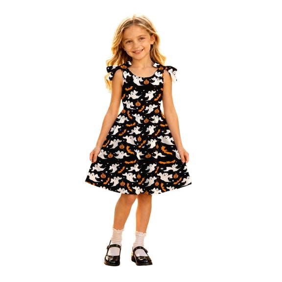 WERYOUNG Halloween Girls Suspender Dresses Pumpkin Ghost Print Sleeveless Crewneck Dresses For Girls Kids Holiday Party Soft Sundress 3-4 Years