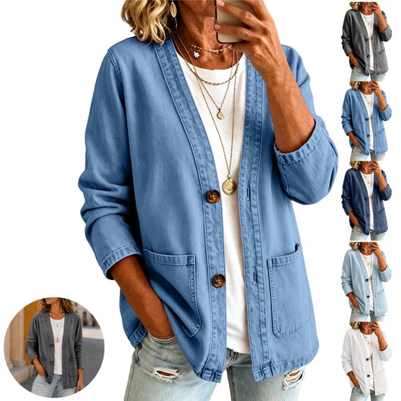 Mfakffe Jean Jacket Women V Neck Button Casual Cardigan Long Sleeve Loose Fit Lightweight Open Front Outerwear with Pockets