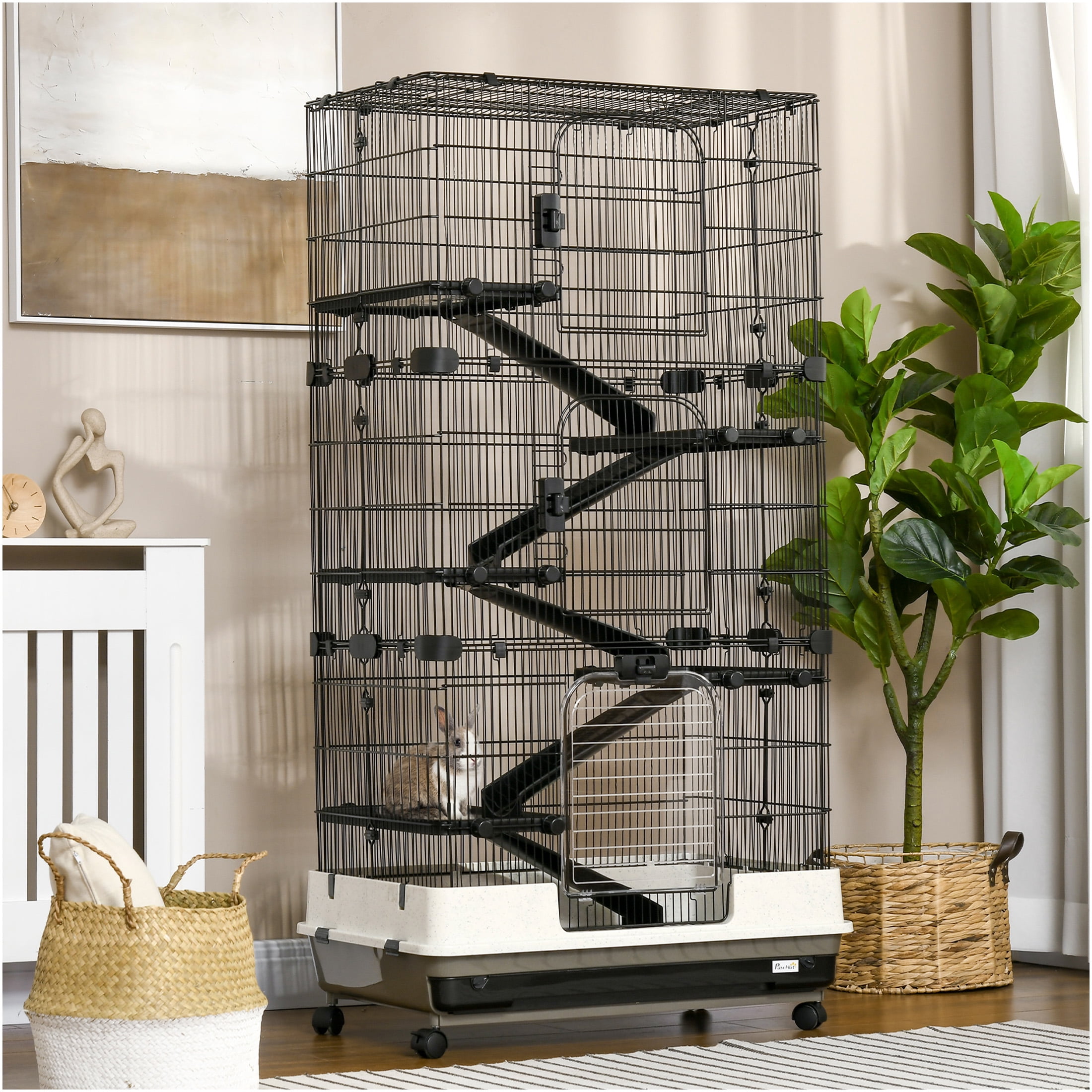 JERFIT 6-Tier Small Animal Cage with Wheels, Portable Metal Hutch for Rabbit Bunny Chinchilla Ferret with Security Brake, Deep Base, Ramps & Platforms