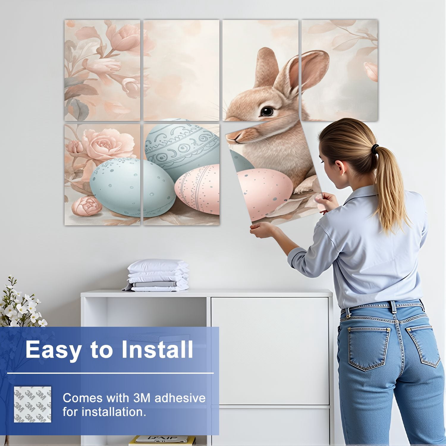 Bunny 8 Pack Art Acoustic Panels Sound Absorbing Bunny Easter Eggs vintage Decorative Soundproof Wall Panels Self Adhesive for Nursery Game Room Girls Bedroom 48"x32"