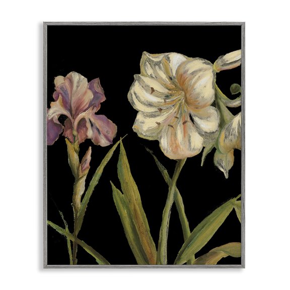 Stupell Industries Iris Flowers on Black Botanical & Floral Painting Gray Framed Art Print Wall Art, 11 x 14