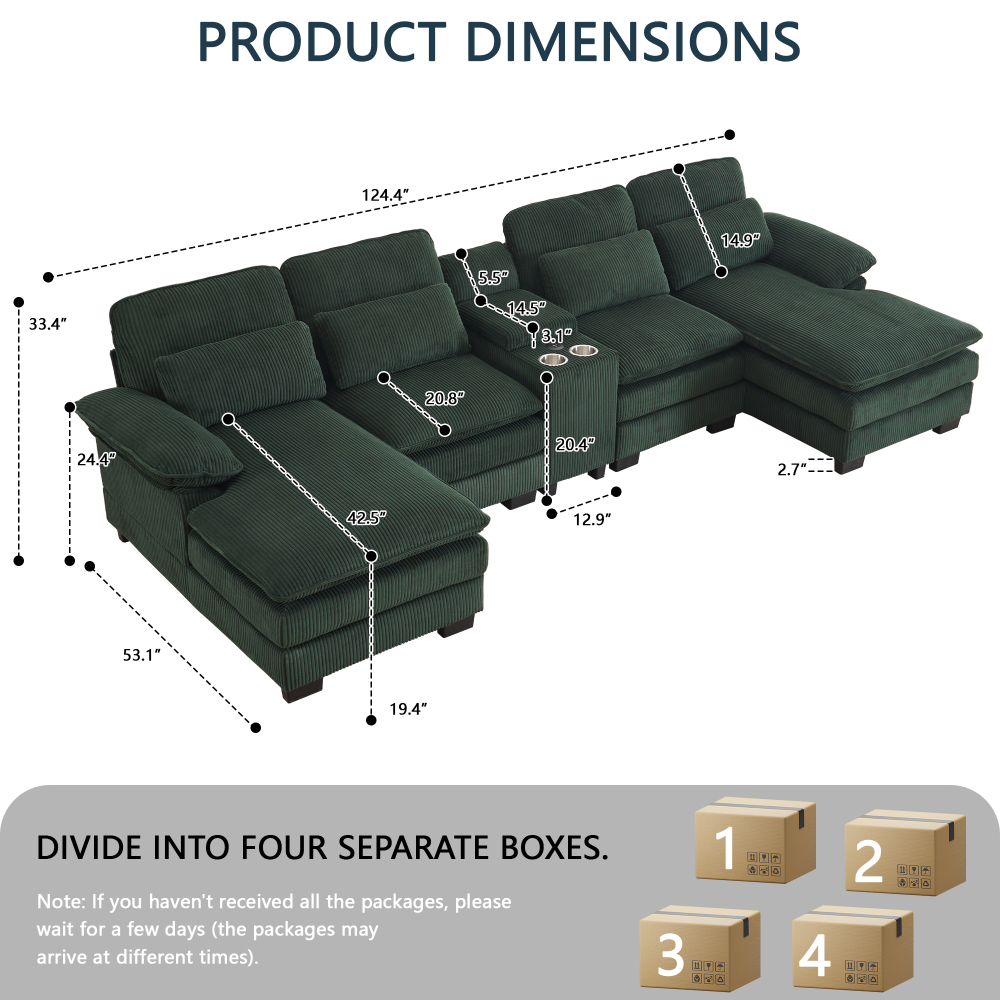 124" U-Shaped Modern Sectional Sofa w/ Console, Cup Holders & Pillows,  Comfortable Seating, Boneless Couch for living room