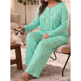 thumbnail image 4 of PINKSIR Plus Size Pajama Sets for Women Printed Long Sleeve Henley Sleepwear Button Pleated Top and Long Pants 2 Piece Loungewear Set with Pockets, 4 of 9