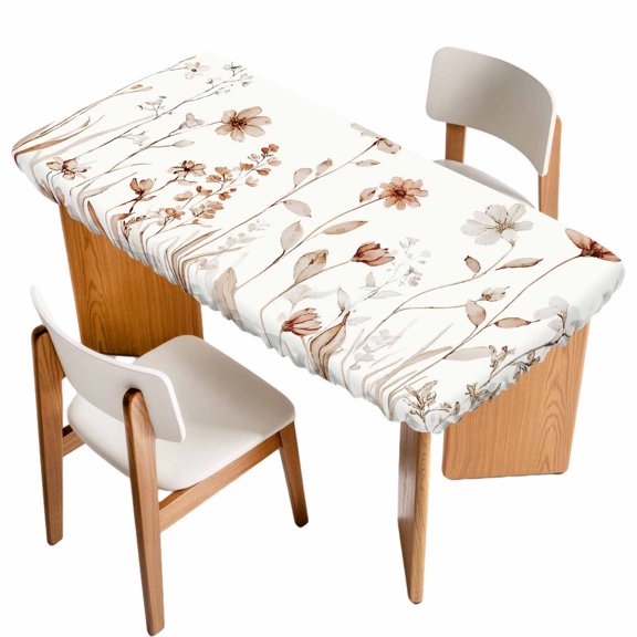 Brown Red Spring Floral Table Cloths for 5 Foot Rectangle Tables, Summer Flowers Botanical Elegant Patio Waterproof Elastic Fitted Tablecloths, Washable Rectangular Table Cover for Camping