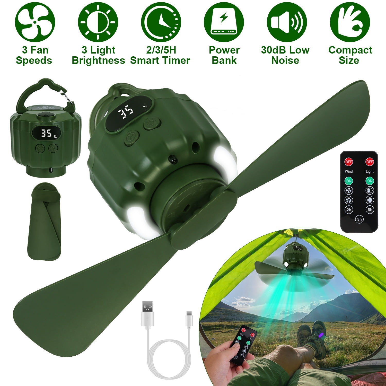3 in 1 Camping Fan with LED Lantern, Portable Hanging Tent Fan 3 Speed Wind, Timer Function & Power Bank, Low Noise Rechargeable Fan with Remote Control for Outdoor Camping Fishing RV, 5200mAh