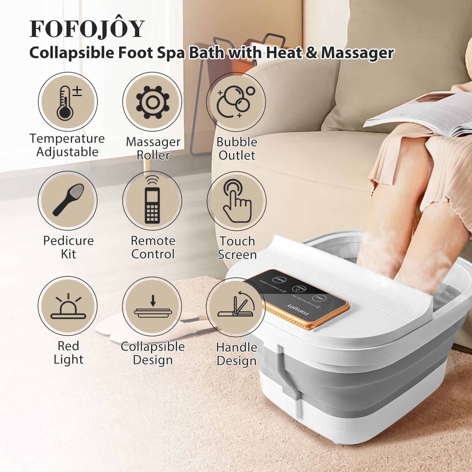 Collapsible Foot Spa Bath with Heat, Temperature Control, Massage Rollers, Bubble & Pedicure Kit, Portable Foot Massage for Relaxation