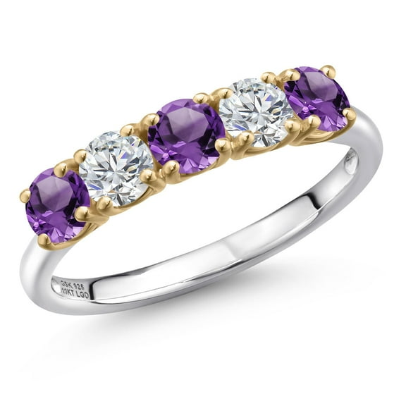Gem Stone King 925 Silver and 10K Yellow Gold Purple Amethyst and Lab Grown Diamond Wedding-Bands Ring for Women | 1.29 Cttw | Round 4MM | Gemstone February Birthstone | Size 6