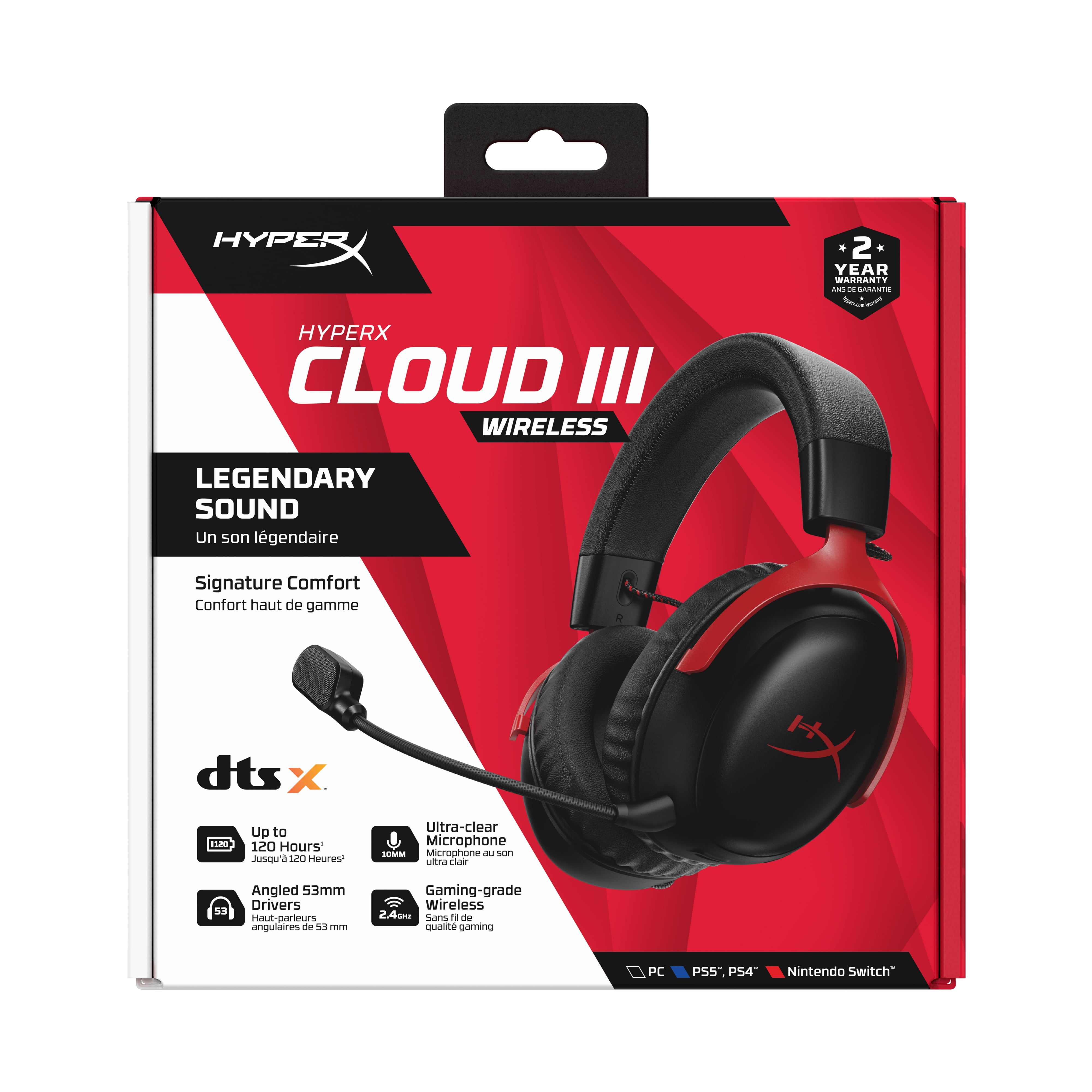 to angled for Wireless, microphone 10mm III Black/Red Frame, PS5, PC, HyperX headset 53mm Battery, PS4, 2.4GHz 120-hour up Durable drivers, Cloud – Gaming foam, Memory – Wireless