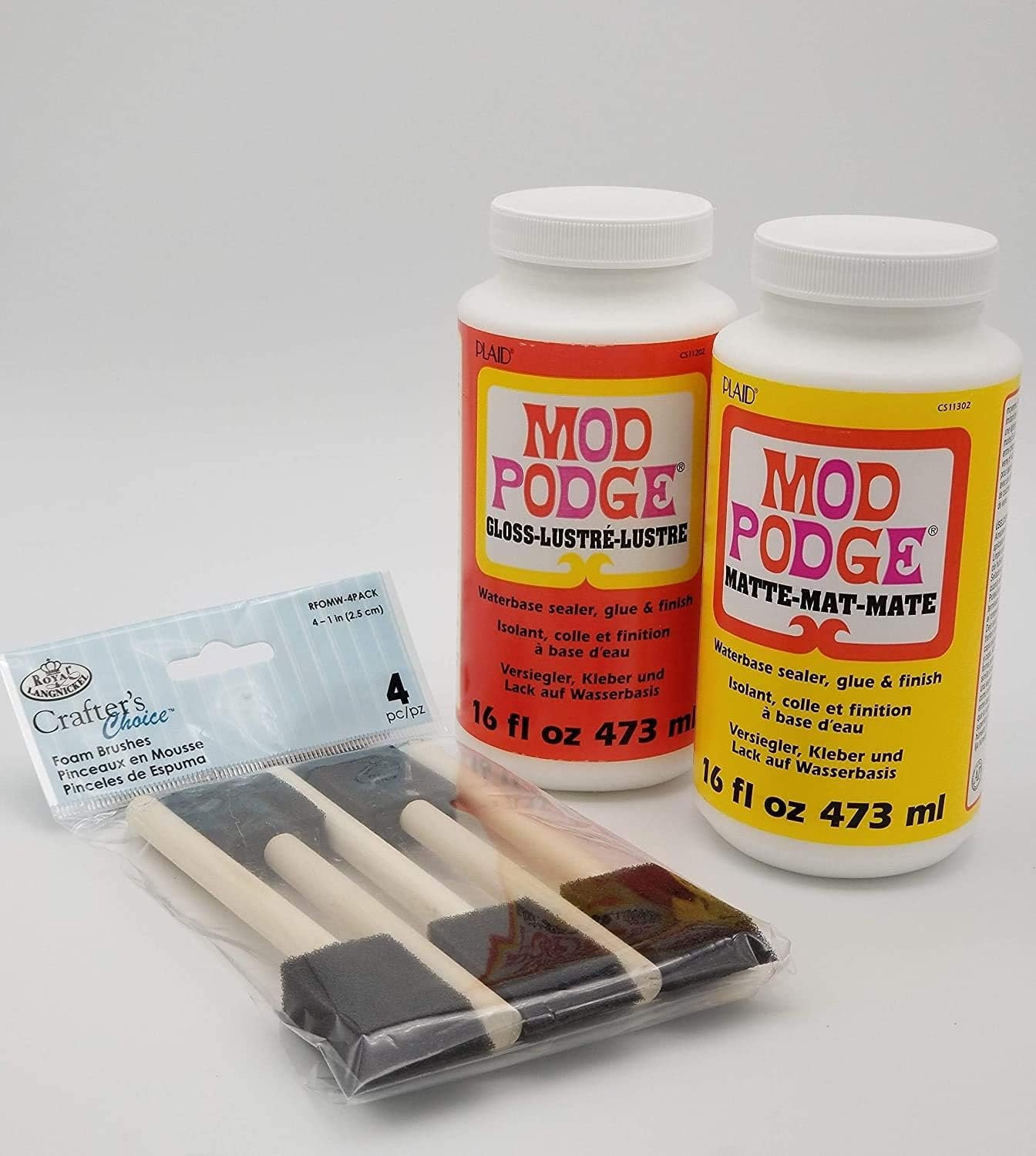 Mod Podge Complete Decoupage Kit-Two 16oz Bottles Waterbase Sealer/Glue Matte Gloss Finish with 4-pk Foam Brush Set, Clear