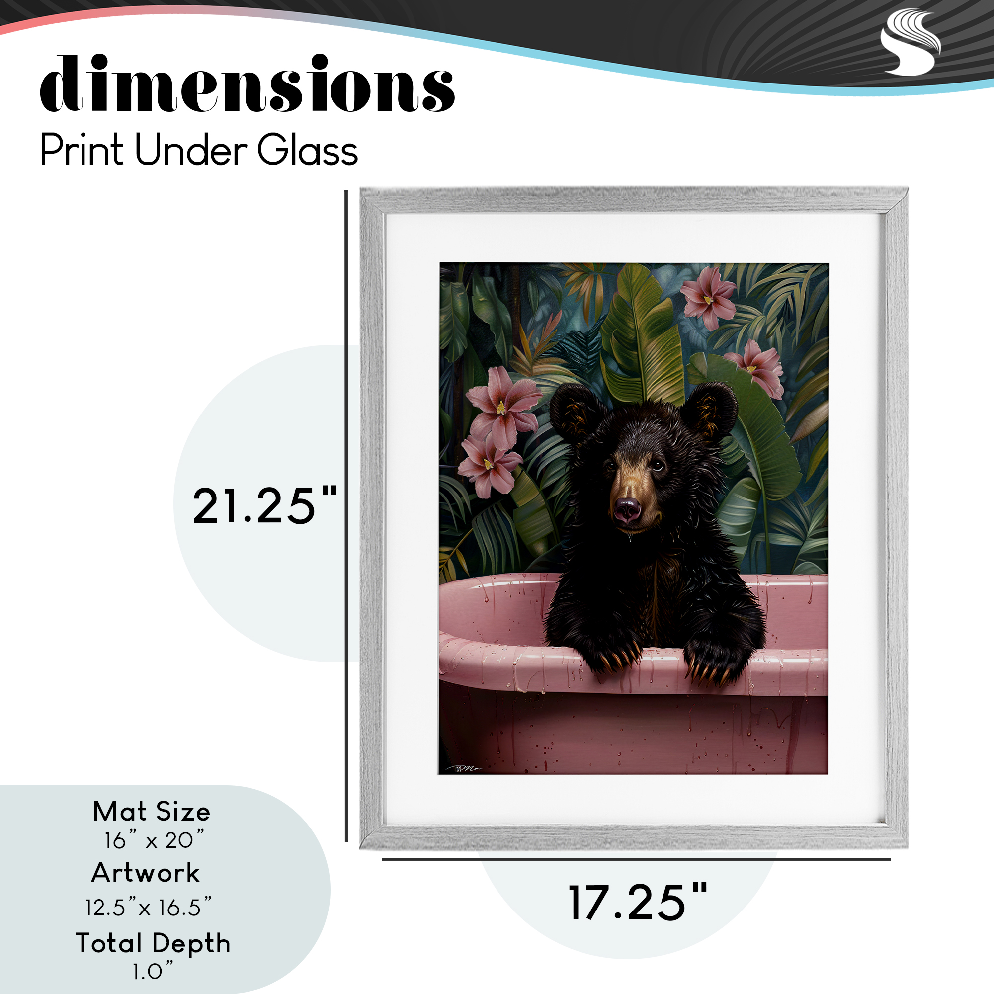 Bruno Bear in Pink Tub Gray Framed Print Under Glass, design by Momart