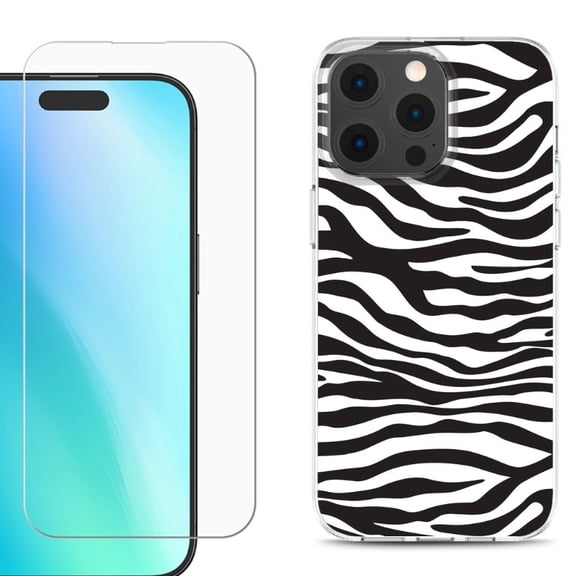 For iPhone 16 Pro Phone Case Cover, Shockproof Case with Tempered Glass Screen Protector, by OneToughShield - Zebra B/W