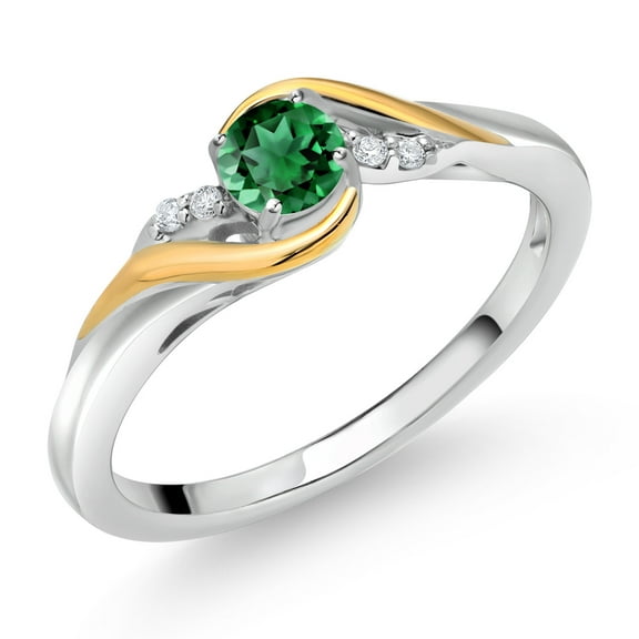 Gem Stone King 925 Sterling Silver and 10K Yellow Gold Round Green Nano Emerald and White Lab Grown Diamond Engagement Ring for Women (0.33 Cttw, Gemstone Birthstone, Size 7)