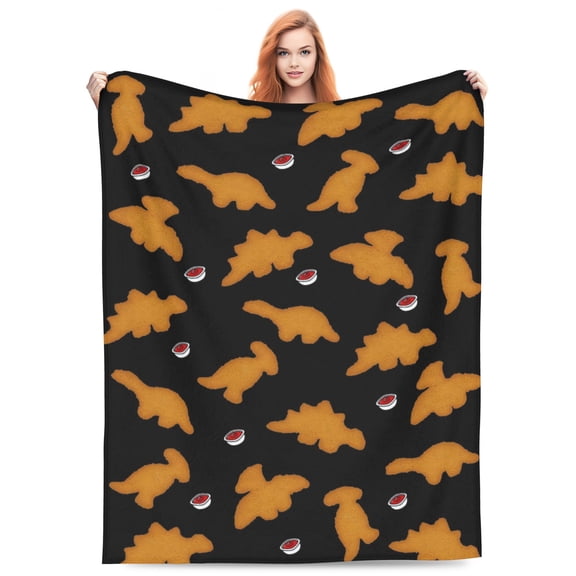 Dino Chicken Nugget Blanket 50 x 40 Inch, Funny Food Flannel Throw Blanket with Nugget and Dipping Sauce Print, Soft Cozy Blanket for Kids Adults, Chicken Nugget Lovers Birthday Holiday Gifts