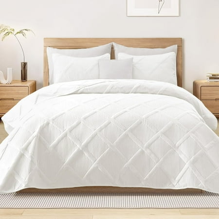 King Quilt Set- White Quilts Bedding Set with 2 Pillow Shams, Modern King Bedspread with Striped Pattern, Soft Lightweight Bedspreads Coverlets for All Seasons