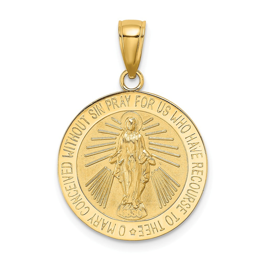 AA Jewels - Solid 14k Yellow Gold Miraculous Mary Medal Charm Brushed