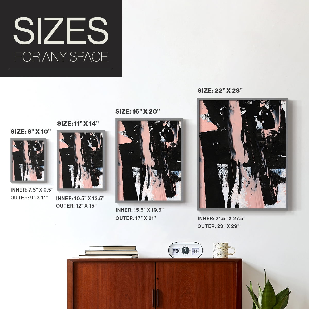 Black & Blush I Framed Print in Gray Solid Wood Framed Print No Nail Hanging