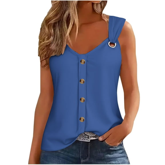 cocolona Womens Summer Fashion Solid Color Camisole V Neck Button Sleeveless Tank Tops Casual Loose Trendy T-shirts