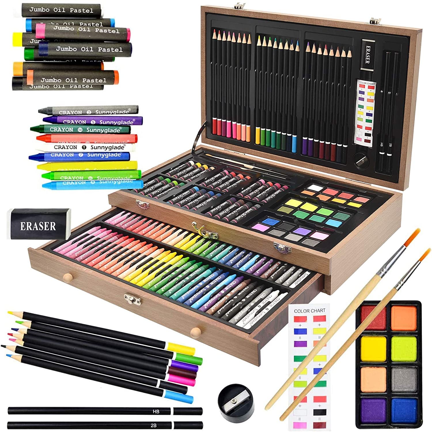 Deluxe Wood Art Set for Artist Watercolor Cakes Colored Pencils and All The Tools You Need. Including Crayons Oil Pastels Art Supplies Various Painting Supplies