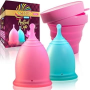 Talisi Reusable Feminine Menstrual Cups, Set of 2 Menstruation Period Cups for Women with Collapsible Sterilization Cup and Carry Bag, Alternative to Tampons and Pads, Regular and Heavy Flow
