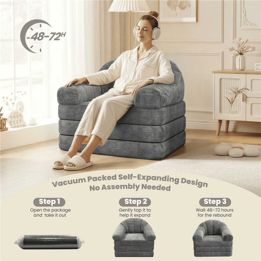 Renwick 2-in-1 Convertible Sofa  Bed Folding Sleep Chair Bed Chenille Sofa with Armrests  for Living Room and Bedroom, Gray