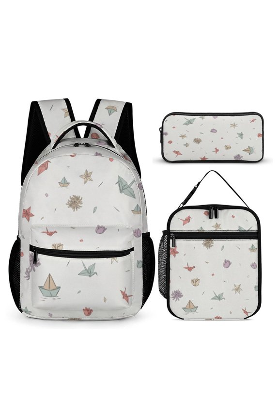 Green Field Storm 2026 Soccer Fever Origami Crane And Flower Pattern Backpack3 PC Backpack Set Casual School Bag Daypack with Lunch Bag Outdoor Travel Large Capacity Bags One Size